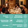 A family is gathered around a dinner table, with a woman speaking. Below the image are icons and text describing product features. Produktbild-Vorschau