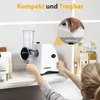 A person is placing a white electric vegetable slicer on a shelf in a kitchen pantry. Produktbild-Vorschau