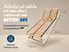 A wooden slatted bed base is shown tilted upwards, with dimensions and product information displayed. Produktbild-Vorschau