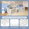 A collage of images showing a white wooden children's bed with a house-shaped frame and safety rails, along with close-ups of its features and decorative elements. Podgląd zdjęcia produktu