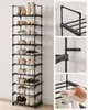 A multi-panel image showcasing a black, 10-tier shoe rack filled with various shoes. The right panels offer close-up views of the shoe rack's construction and a hand folding a cloth. Produktbild-Vorschau