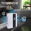 A white dehumidifier is shown in a bathroom setting, with water droplet icons indicating humidity levels. Anteprima dell’immagine prodotto