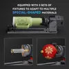 A product image showcasing a laser engraving machine with different fixtures for various materials, including a mug and a Christmas ornament. Produktbild-Vorschau