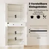 A white cabinet with its doors open, showing shelves and drawers. Text and graphics on the right describe features of the cabinet. Podgląd zdjęcia produktu