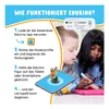 An instructional graphic showing the steps to use the Edurino learning system, with children interacting with a tablet and a figurine. Produktbild-Vorschau
