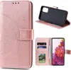 A collage of images showing a rose gold mandala-patterned flip phone case for a Samsung Galaxy S20 FE, including a view of the inside with card slots and a photo frame, and a separate image showing the phone inserted into the case. Produktbild-Vorschau