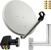 A satellite dish antenna kit with various components laid out on a white background. Produktbild-Vorschau