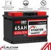 A product image of a car battery with marketing text and icons. Produktbild-Vorschau