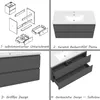 A collage of four images showing a bathroom vanity set, including assembly instructions, a completed unit, and close-ups of its features. Produktbild-Vorschau