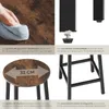A collage of images showing details of bar stools, including a hand cleaning a surface, a close-up of a leg with an adjustable foot, a top-down view of a seat with dimensions, and the frame of a stool. Náhled obrázku produktu