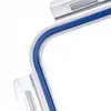 A close-up view of a razor blade cartridge with blue and white stripes. Produktbild-Vorschau