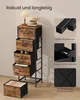 A SONGMICS chest of drawers with fabric drawers, shown in a room setting with a lamp and decorative items on top. Callouts highlight product features. Produktbild-Vorschau