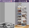A comparison of shoes stored in a messy pile versus organized on a corner shoe rack. Produktbild-Vorschau