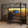 A loft bed with a desk and gaming chair underneath, illuminated by LED lighting. Produktbild-Vorschau