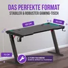 A black gaming desk with LED lighting and dimensions indicated. Voir les images du produit