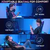 A collage of three images showing a person using a gaming chair in different positions: working, playing, and resting. The images are set in a room with blue lighting. Produktbild-Vorschau