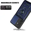 A blue phone case with a ring holder is shown at an angle, with text indicating maximum protection and military-grade drop protection. Some debris is scattered around the bottom of the case, suggesting it is being dropped. Produktbild-Vorschau