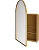 A gold-framed medicine cabinet with an arched mirror is shown open, revealing shelves inside. Produktbild-Vorschau