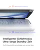 A close-up view of a white tablet or laptop with its screen partially open, revealing a blue and white abstract design on the screen. Text overlays describe the device's sleep mode features. Anteprima dell’immagine prodotto