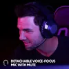 A man wearing gaming headphones with a microphone, illuminated by purple and pink lighting. Produktbild-Vorschau