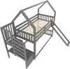 A gray bunk bed with a house-shaped frame, a slide, and a staircase with storage. Podgląd zdjęcia produktu