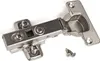 A metal cabinet hinge with screws on a white background. Produktbild-Vorschau