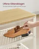 A hand is shown placing a brown shoe on a shelf of a shoe rack. Produktbild-Vorschau