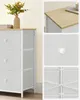 Close-up shots of a white dresser with fabric drawers and a wood top, plus details of the drawer knob and frame. Náhled obrázku produktu