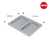 A light gray rectangular tray with two compartments, shown from a slightly elevated angle. Dimensions are indicated by lines and text. Voir les images du produit