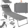 A gray foldable sun lounger with a canopy and side pocket, shown in a studio setting with inset images demonstrating its features and folded state. Náhled obrázku produktu