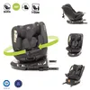 A collage of images showcasing a black child car seat, highlighting its features like ISOFIX, 360-degree rotation, and I-Size compliance. The main image shows the car seat rotating, with smaller images displaying different angles and perspectives.