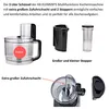 A marketing image showing a food processor and its accessories with descriptive text. Voir les images du produit