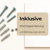 A collection of screws and wall plugs are arranged on a light background, with a beige overlay containing text about included accessories. Produktbild-Vorschau