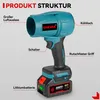 A diagram showing the structure of a cordless leaf blower with labels in German. Voir les images du produit