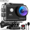 A black action camera in a clear waterproof case, mounted on a bracket, with accessories. Produktbild-Vorschau