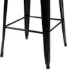 A close-up view of the black metal legs and crossbars of a bar stool. Voir les images du produit