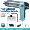 A hand vacuum cleaner is shown being charged by a power bank, with icons indicating charging options. Produktbild-Vorschau