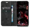 A black flip-style phone case with card slots and a phone inside displaying the lock screen. Produktbild-Vorschau