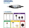 A Dremel rotary tool and its accessories are displayed against a white background, with text detailing the kit's contents. Produktbild-Vorschau