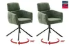 Two green upholstered chairs with black metal bases are shown on a white background. Red arrows indicate 360-degree rotation for each chair. A small box with text is in the upper right corner. Produktbild-Vorschau