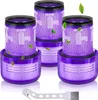 Three purple vacuum cleaner filters and a small cleaning brush are arranged on a white background. Produktbild-Vorschau