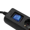A close-up view of a black power strip with a blue switch. Produktbild-Vorschau