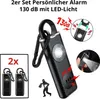 A product image showcasing a personal alarm with LED light, featuring multiple views and text callouts. Produktbild-Vorschau