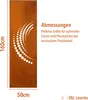 A rusted metal garden screen with a decorative pattern and text describing its dimensions and purpose. Produktbild-Vorschau