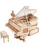 A 3D wooden toy model of a grand piano with a bench, displayed on a white background. Podgląd zdjęcia produktu