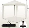 A diagram showing the dimensions of a white gazebo, with a black carrying bag and a person holding it shown in a circular inset. Produktbild-Vorschau