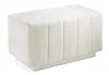 A white bouclé fabric bench or ottoman is shown against a white background.