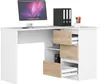 A white corner desk with wood-tone drawer fronts and shelves, featuring a computer monitor, binders, and pens. Produktbild-Vorschau