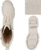 A top-down view of a cream-colored boot, a close-up of the boot's sole, and a close-up of the boot's material. Produktbild-Vorschau