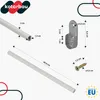 A diagram showing a white metal rod, two mounting brackets, and a screw, with dimensions indicated. Produktbild-Vorschau